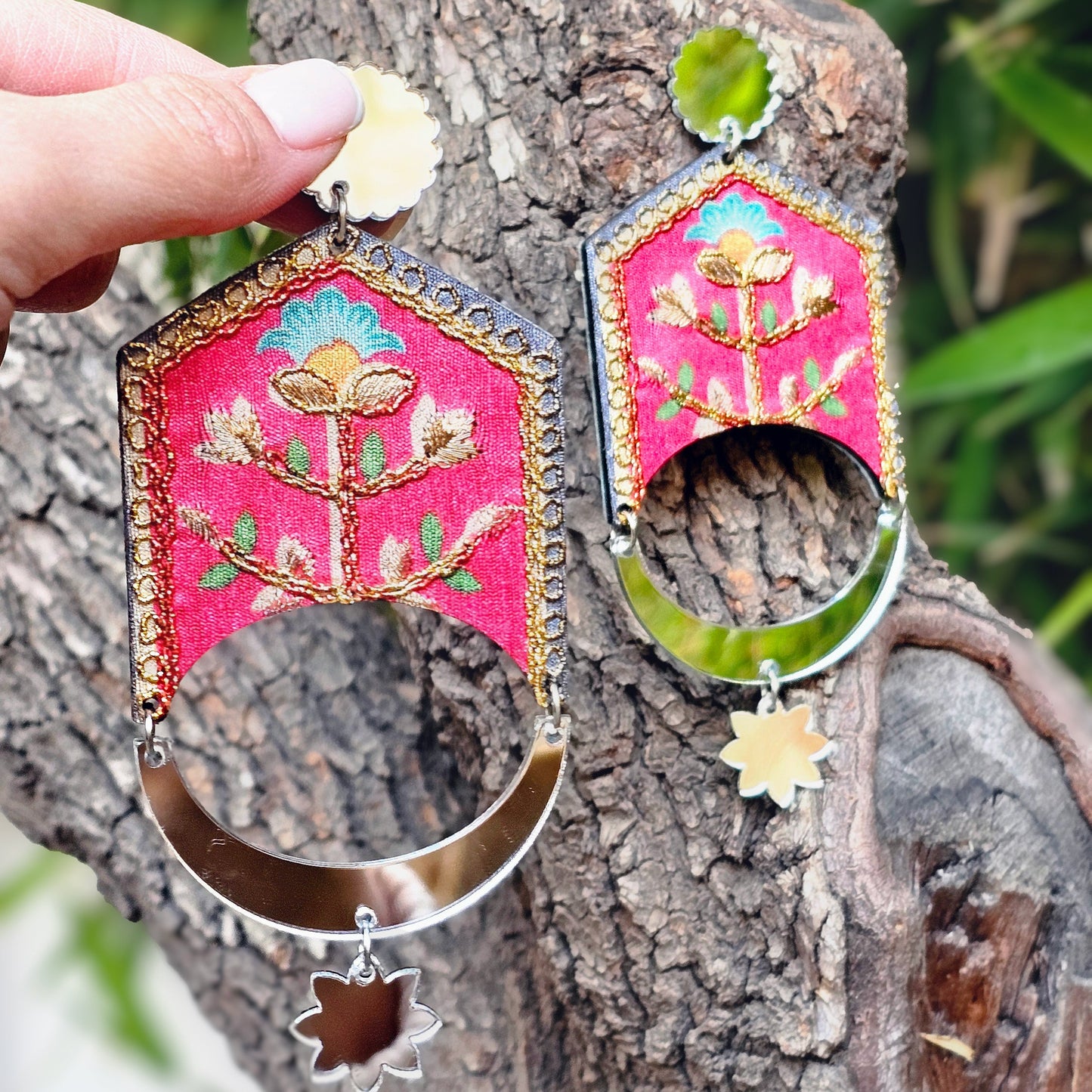 FLOWERS OF THE MOON, Handmade Geometric Earrings with a Fabric Painted Floral Design and Hanging Mirrors