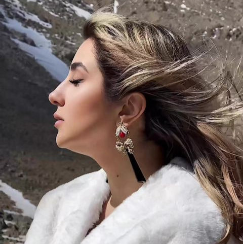 ALICE, Elegant Handmade Earrings with Ruby and Black Pyramid Stone