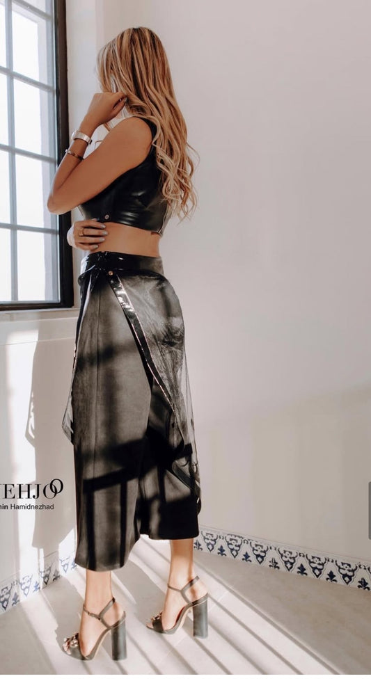 "Edge of Elegance" Crepe and Patent Leather Trousers by Baharnaz