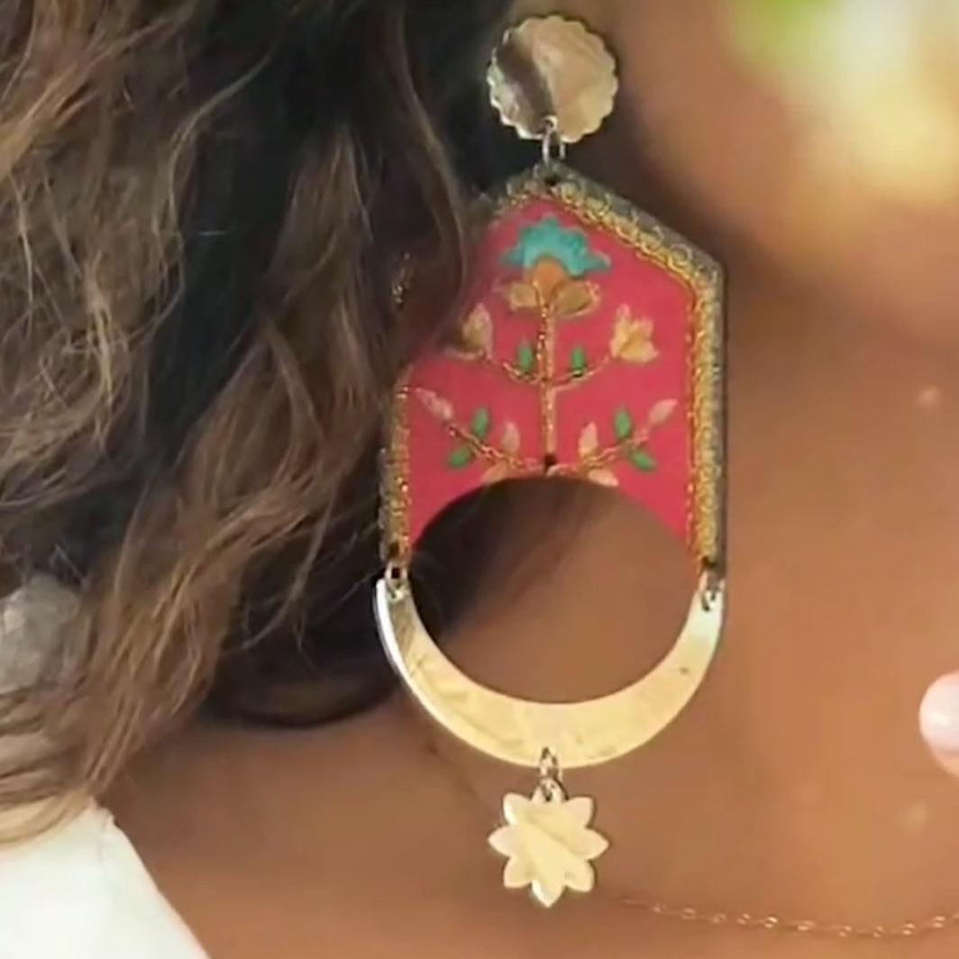 FLOWERS OF THE MOON, Handmade Geometric Earrings with a Fabric Painted Floral Design and Hanging Mirrors