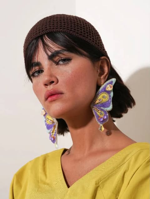 Handcrafted Butterfly Statement Earrings – Purple, Yellow & Beaded Shine
