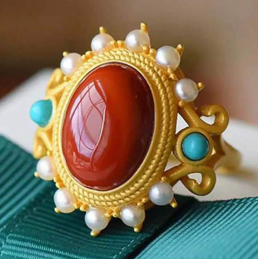 Vintage Palace Ring – Natural Hetian Jade, Pearls & Carnelian Cabochon