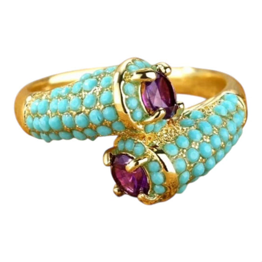 Vintage Gold Snake-Inspired Ring with Turquoise & Amethyst CZ – Statement Women’s Ring