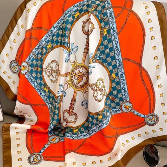 Luxury Printed Square Scarf – Soft Lightweight Polyester, Orange & White