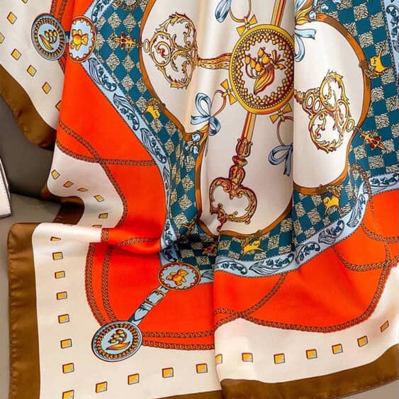 Luxury Printed Square Scarf – Soft Lightweight Polyester, Orange & White