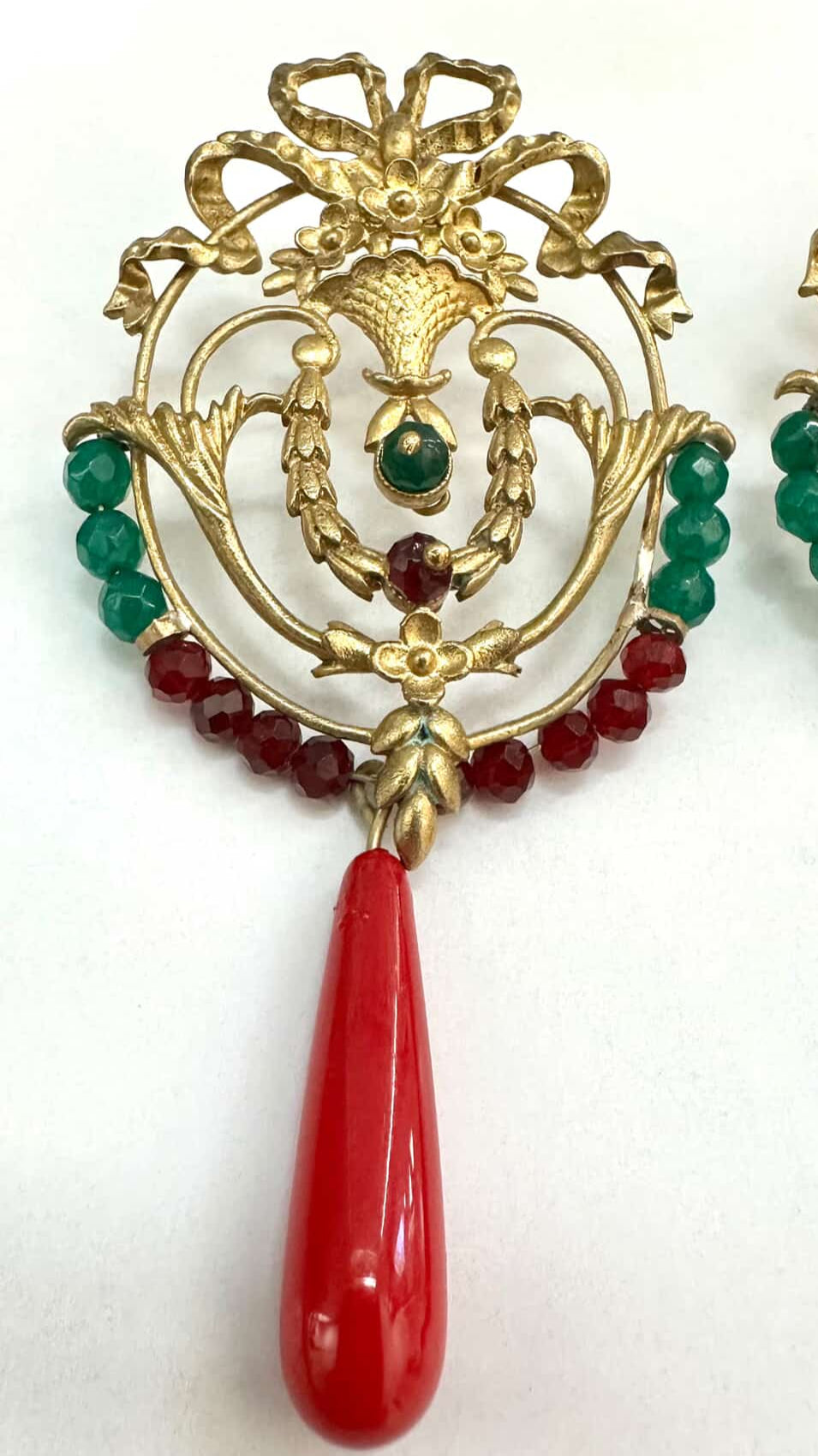 Handmade Vintage-Style Earrings – Brass & Silver with Red & Green