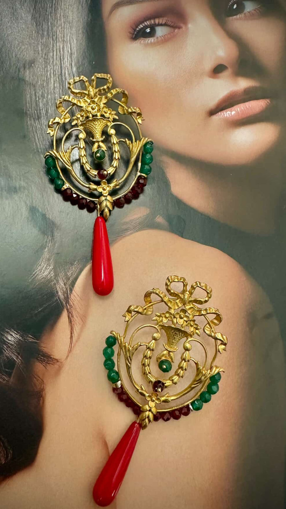 Handmade Vintage-Style Earrings – Brass & Silver with Red & Green