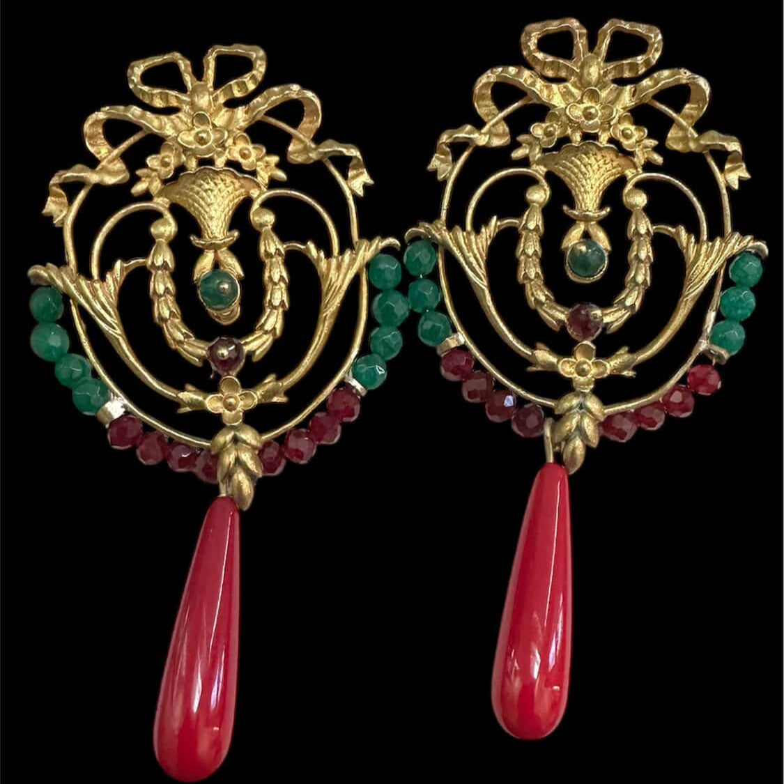 Handmade Vintage-Style Earrings – Brass & Silver with Red & Green