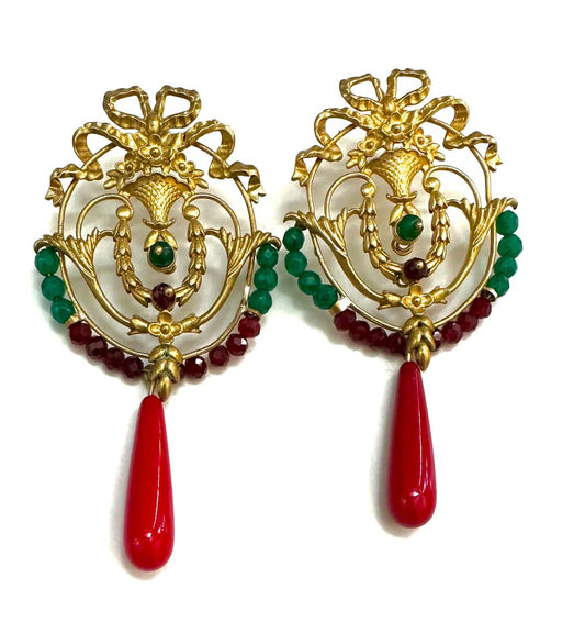 Handmade Vintage-Style Earrings – Brass & Silver with Red & Green