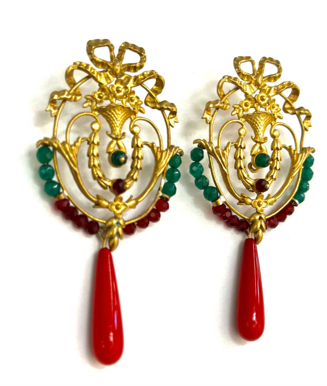 Handmade Vintage-Style Earrings – Brass & Silver with Red & Green