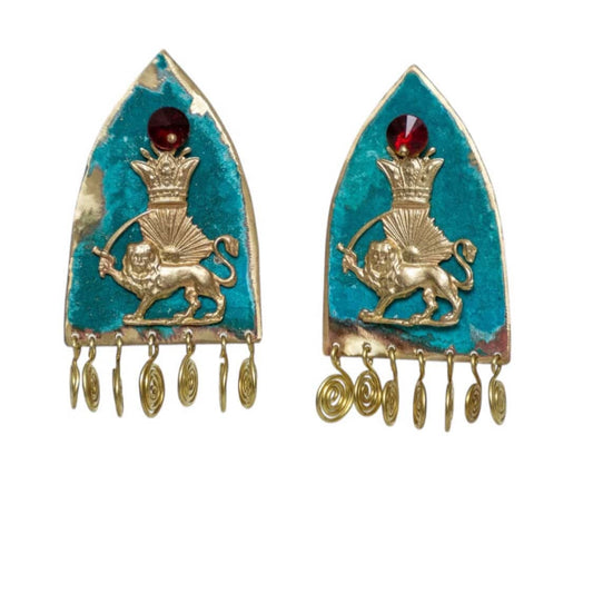 SHĀHBĀNOO, Imperial Handmade Earrings with Sun and Lion Motif