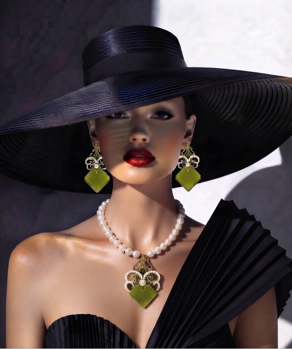THE EYE OF THE FOREST, Elegant Chandelier Earrings and Necklace Set with Cress Green Stone