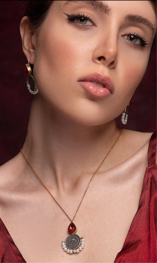 Set of earrings and necklaces Pahlavi coin Handmade silver and brass