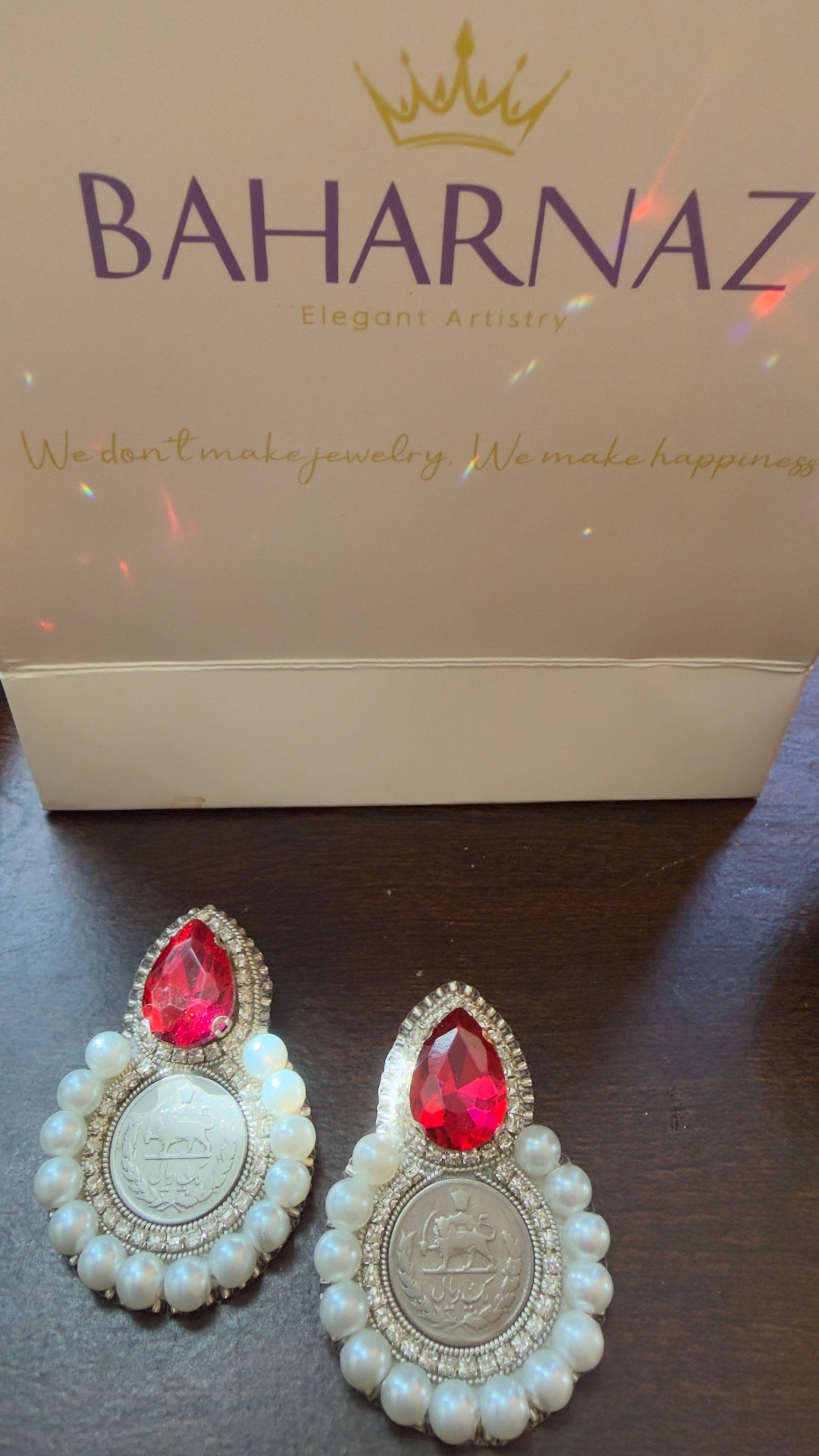 Pahlavi Coin Statement Earrings – Persian 1 Yek Rial Design with Pearls & Red Crystal