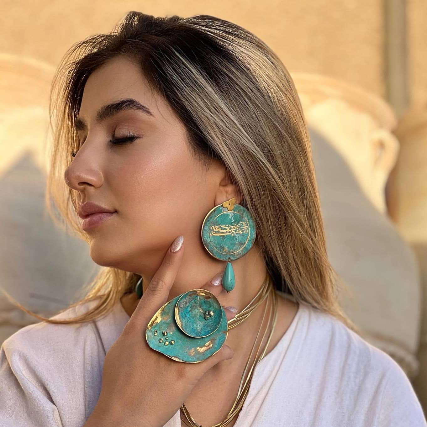 THE ROYAL COURT, Persian Azure Engraved Earrings with Turquoise Patina