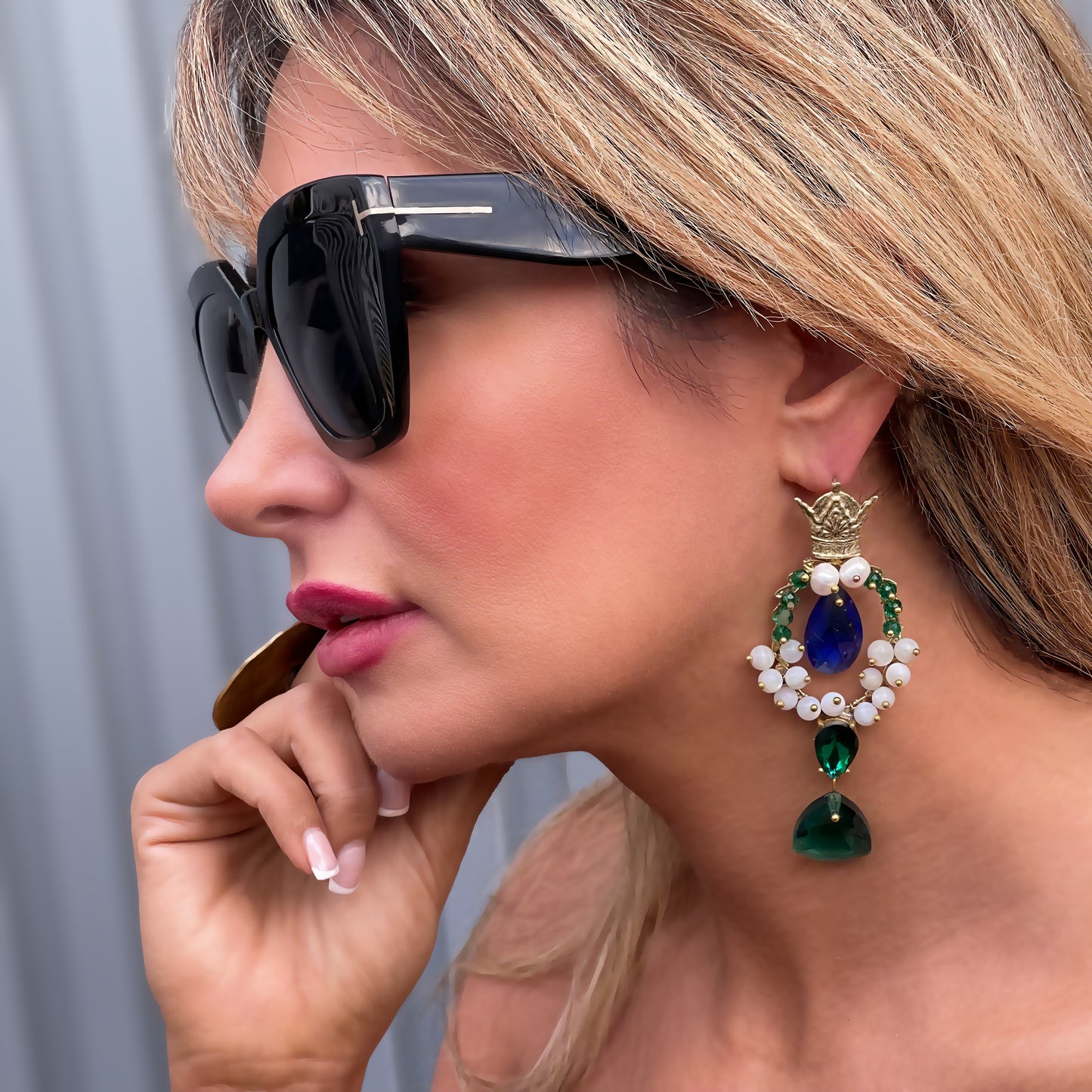 A GREEN DREAM, Handmade Earrings with Imperial Crown Accent and Elegant Stones