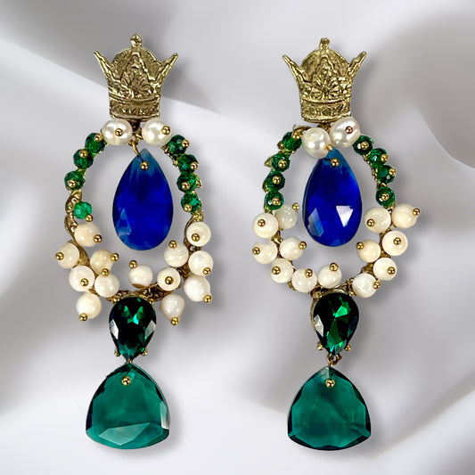 A GREEN DREAM, Handmade Earrings with Imperial Crown Accent and Elegant Stones