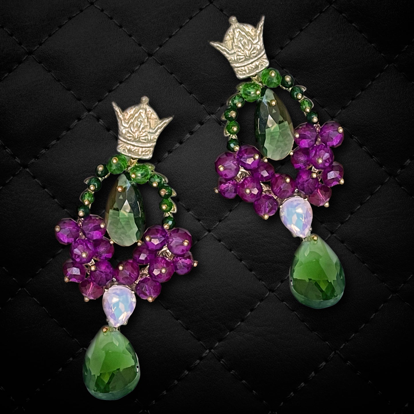 SHAHRZĀD, Handmade Earrings with Imperial Crown Accent and Elegant Multi Color Stones
