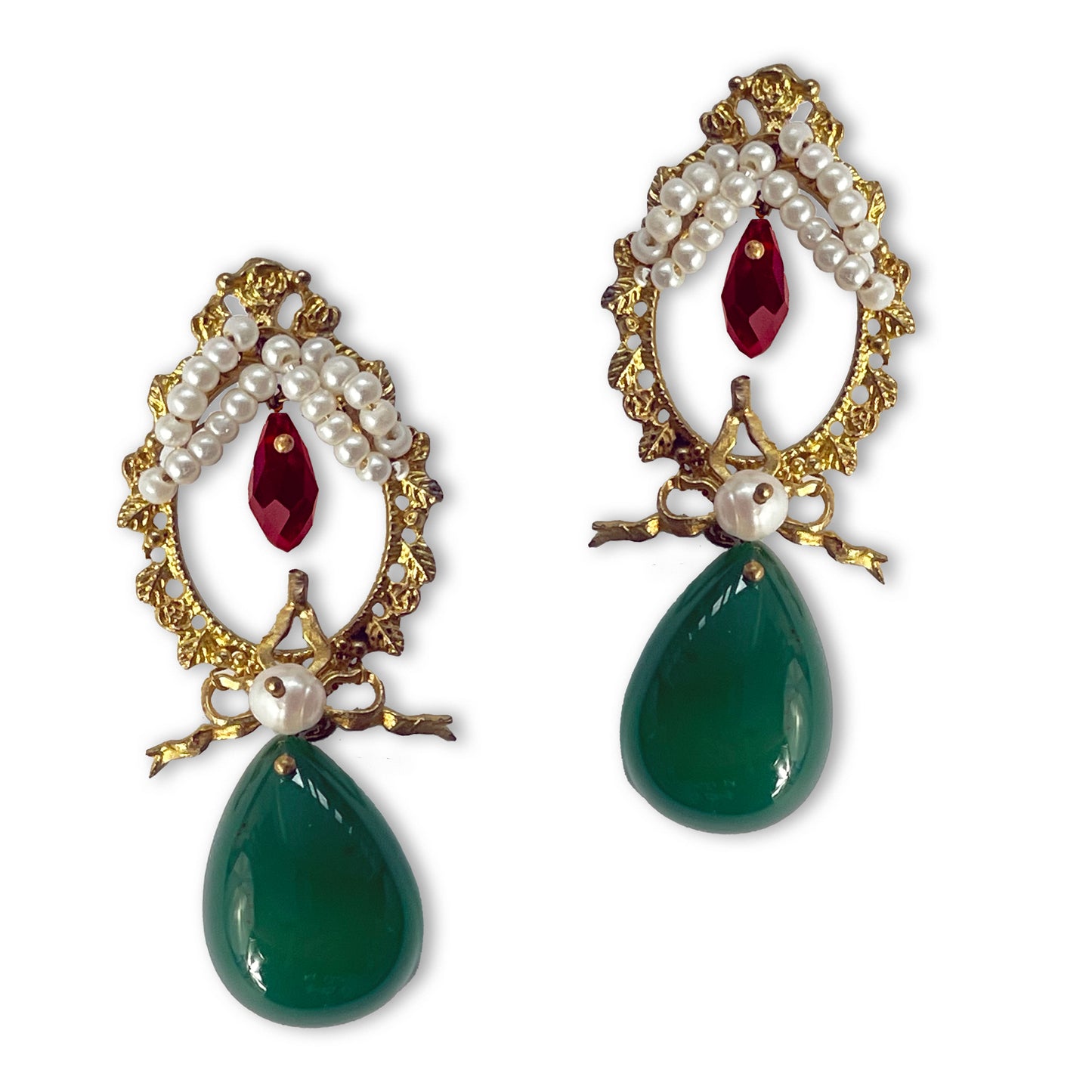 THE SECRET OF THE FOREST, Elegant Pearl Earrings With Ruby And Emerald Accents