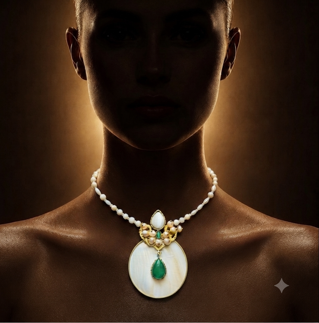 One of a Kind Pearl & Green Agate Necklace – Mother of Pearl Handmade Statement Jewelry