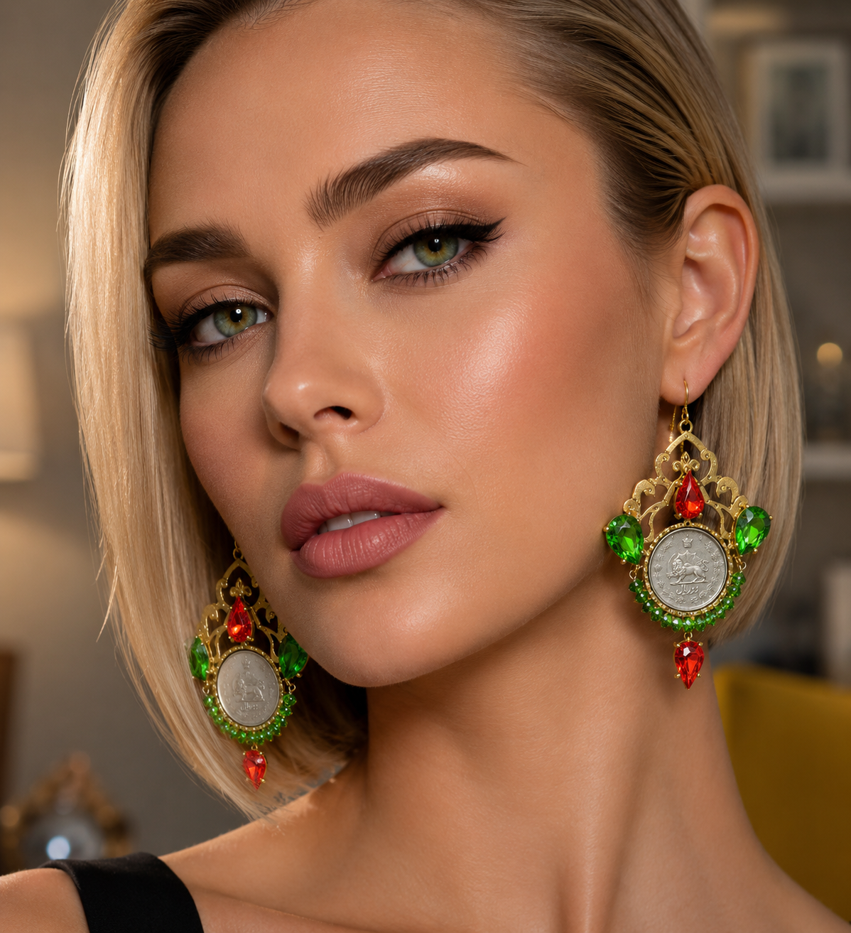 One-of-a-kind handmade statement earrings featuring authentic Pahlavi-era coins, sparkling red and green crystals, and intricate vintage-inspired detailing. A unique collector’s piece by Baharnaz Gallery. Only one pair available.