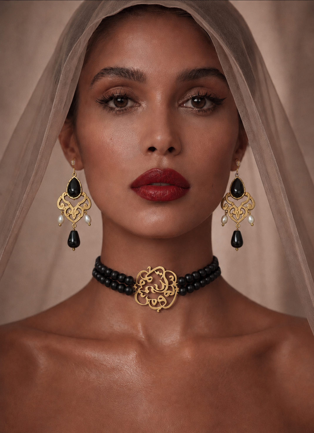Handmade Black Onyx Choker Necklace & Onyx Earrings Set – Persian Calligraphy “Eshgh” Necklace with Freshwater Pearls | One of a Kind