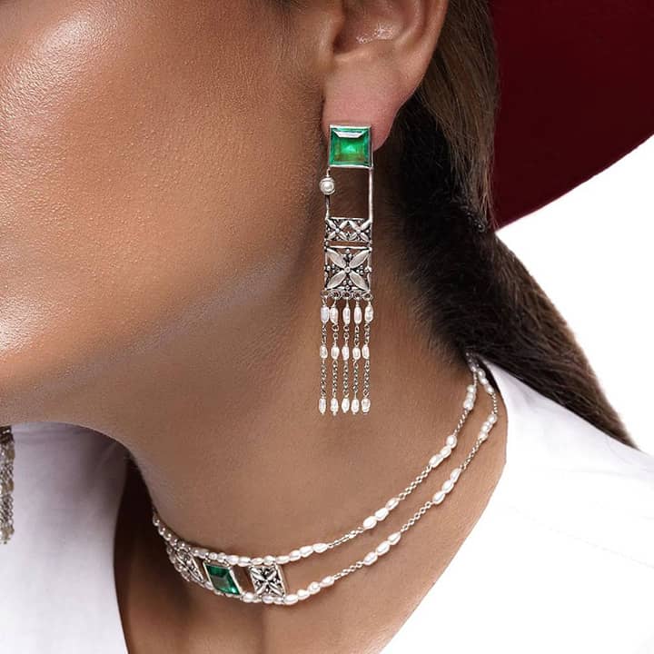 MAHSHAB, Green Gemstone & Cultured Pearl Tassel Earrings and Necklace (Set)