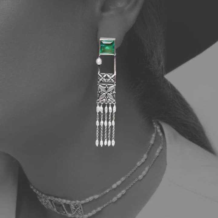 MAHSHAB, Green Gemstone & Cultured Pearl Tassel Earrings and Necklace (Set)