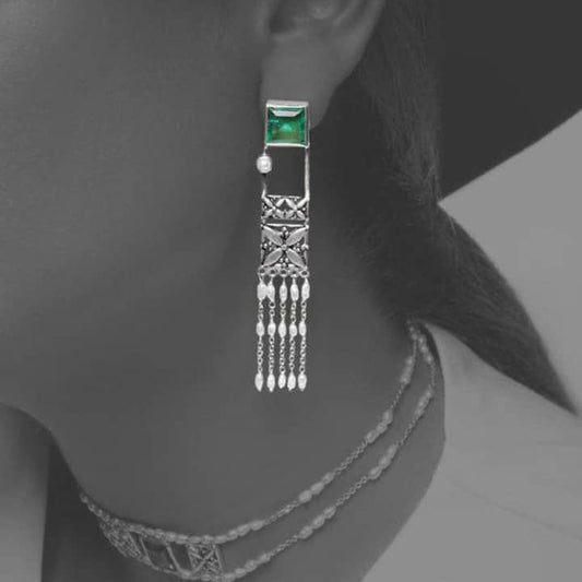 MAHSHAB, Green Gemstone & Cultured Pearl Tassel Earrings and Necklace (Set)