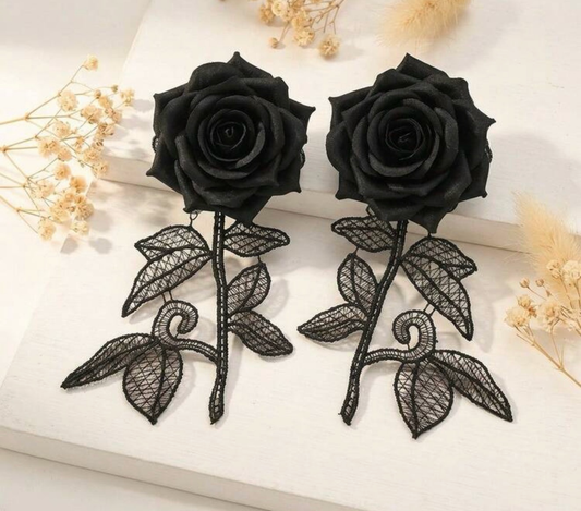 Black Rose Statement Earrings – Gothic Floral Lace Earrings, Handmade Oversized Black Flower Earrings, Elegant Fashion Jewelry for Women