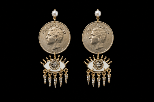Limited edition Handmade Authentic Pahlavi Coin Evil Eye Statement Earrings