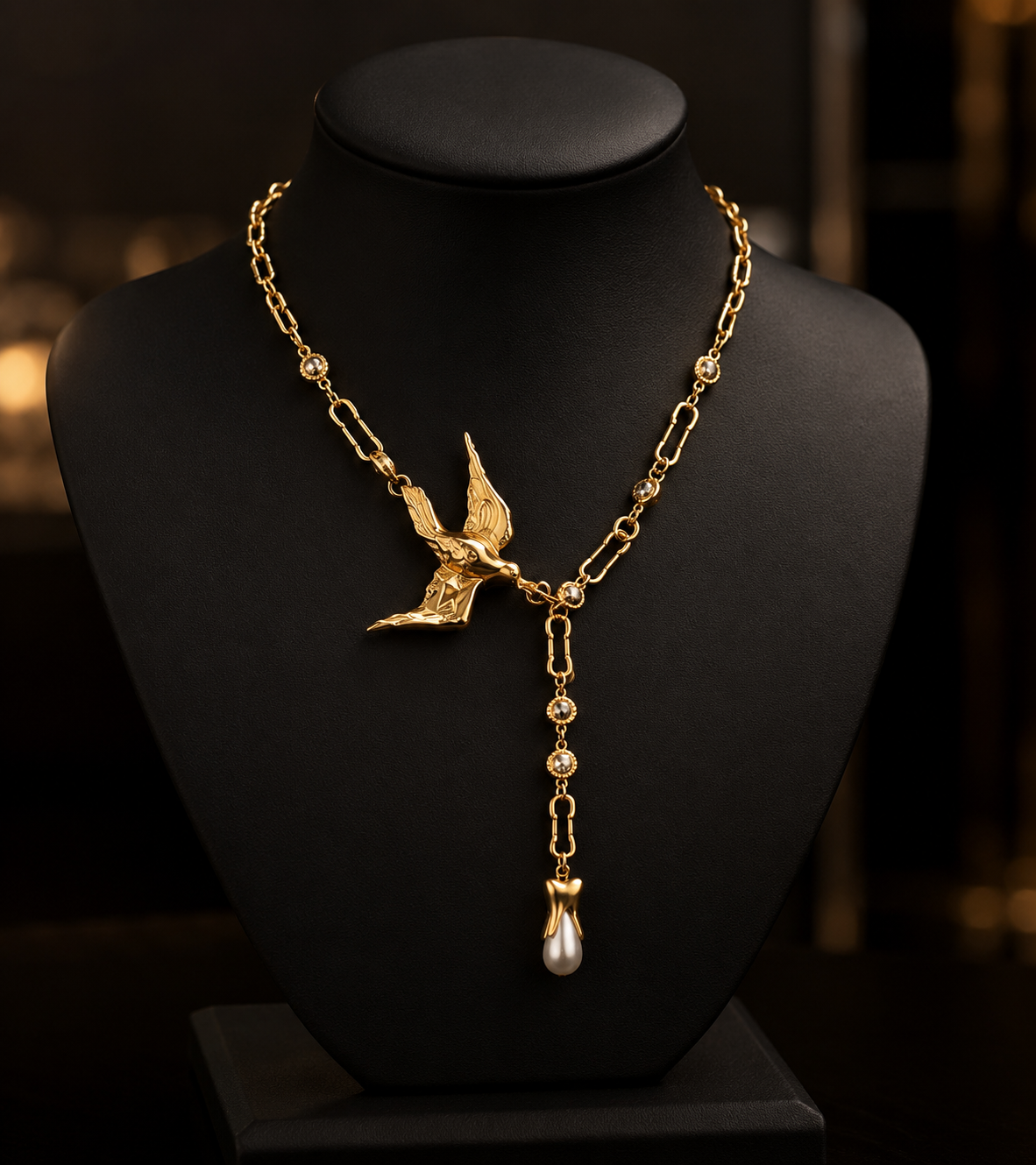 Luxury Gold Bird Pendant Necklace with Pearl Drop | Elegant Old Money Statement Necklace | Handmade Designer Jewelry for Women