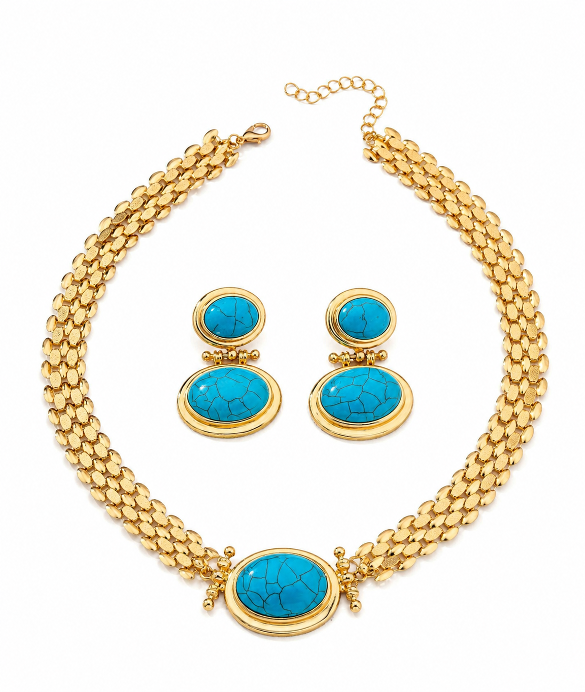Bohemian Turquoise Choker Necklace & Earrings Set | Gold Tone Statement Jewelry for Women | Handmade Style Gift