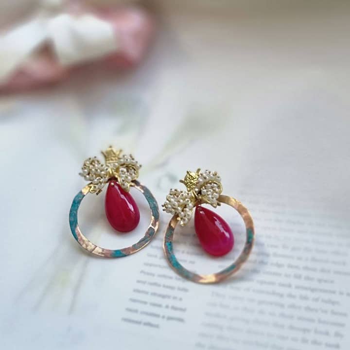 MINA, Persian Elegance Gold Filigree Statement Earrings with a Red Stone