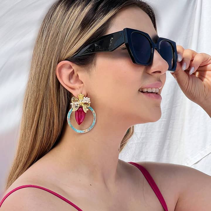 MINA, Persian Elegance Gold Filigree Statement Earrings with a Red Stone