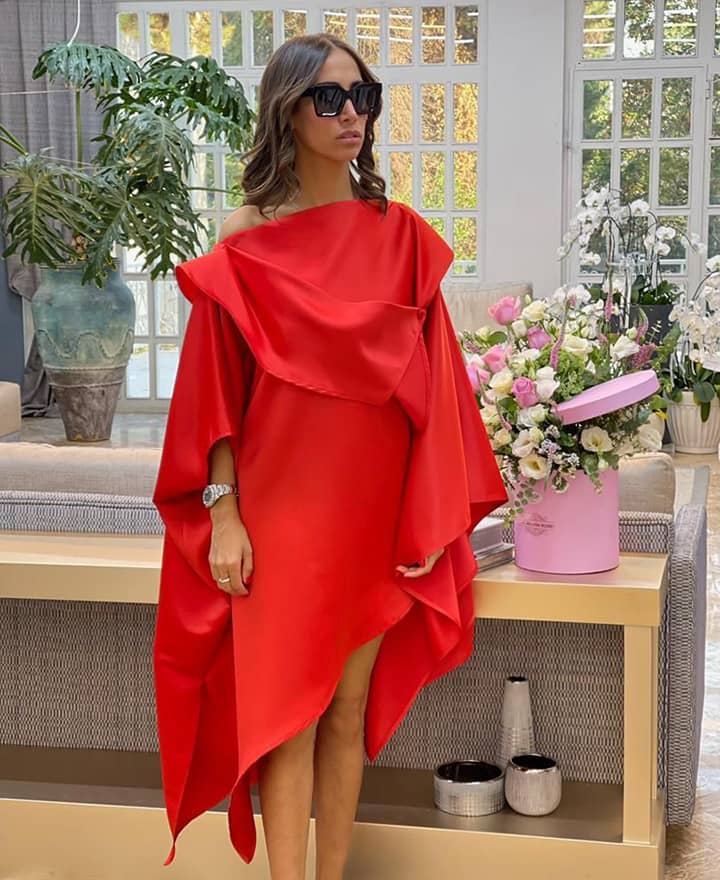 Ravishing Red Asymmetrical Cape Dress | Baharnaz Gallery Ravishing Red Asymmetrical Cape Dress | Baharnaz Gallery