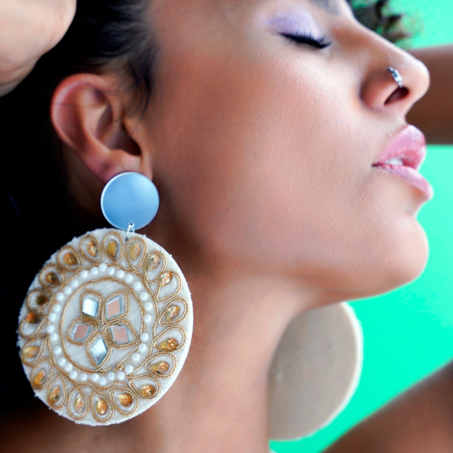 SPHERE OF LOVE, Handmade Circle Earrings with Fabric, Crystals, and Mirrors for Girls and Women