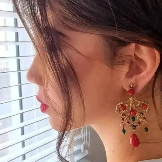 MEHREGAN, Gold-Plated Verdant Vine Ruby Chandelier Earrings