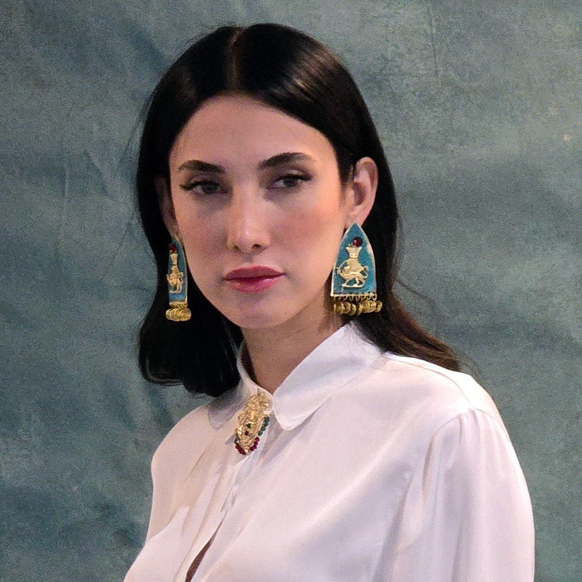 SHĀHBĀNOO, Imperial Handmade Earrings with Sun and Lion Motif