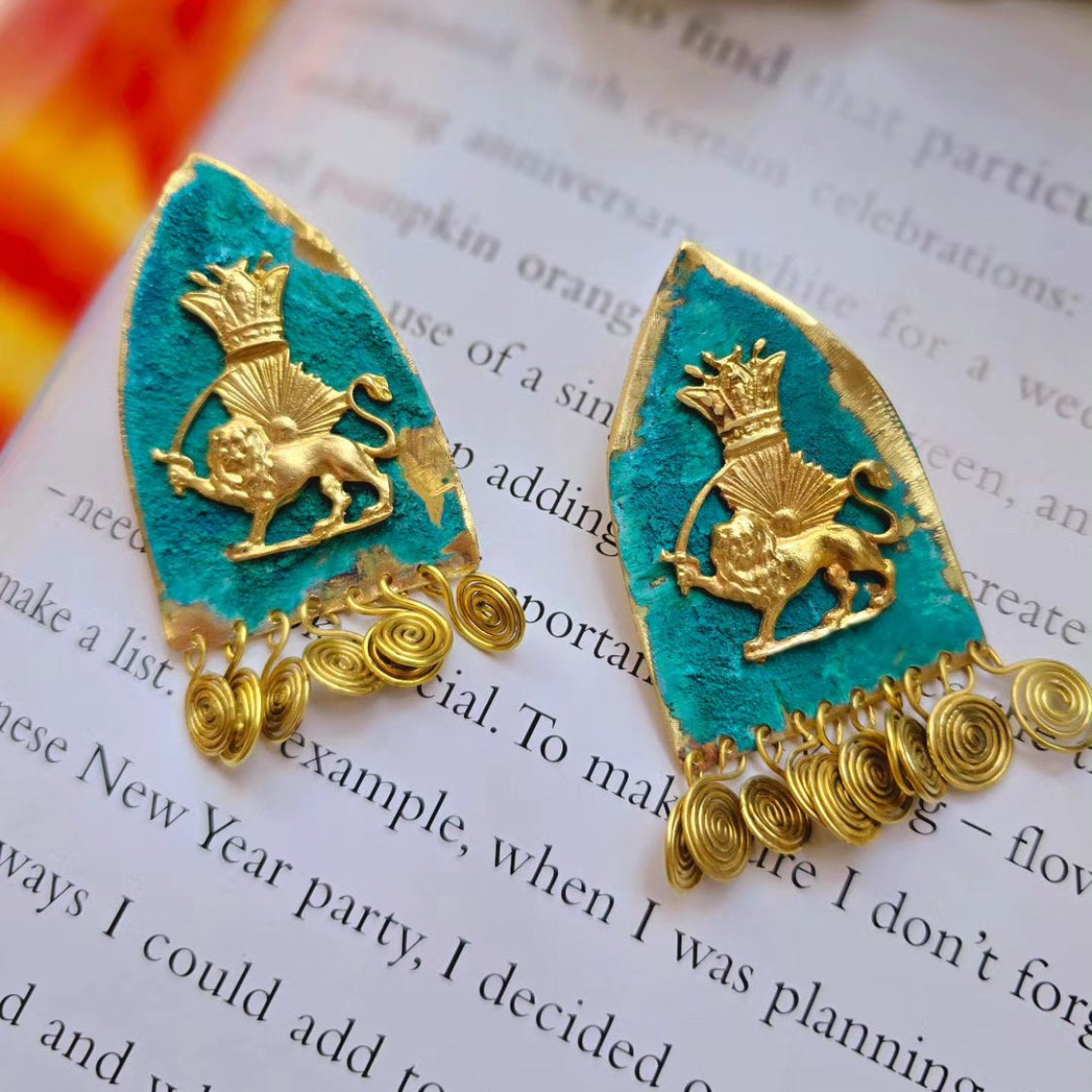 SHĀHBĀNOO, Imperial Handmade Earrings with Sun and Lion Motif