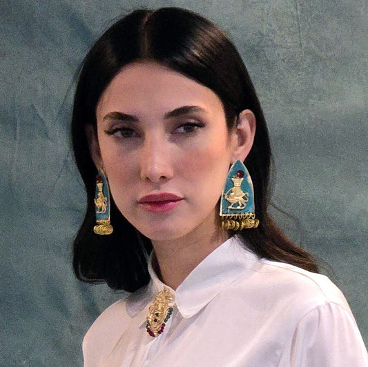 SHĀHBĀNOO, Imperial Handmade Earrings with Sun and Lion Motif
