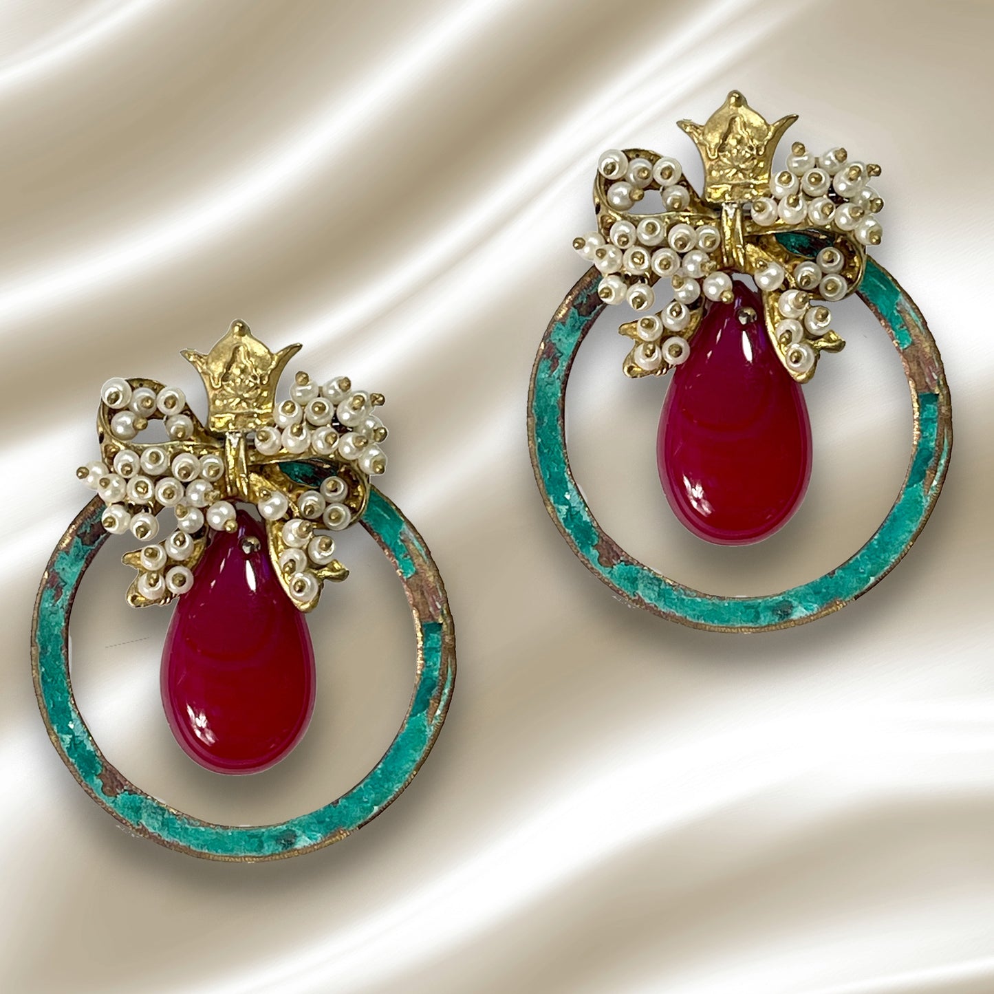 MINA, Persian Elegance Gold Filigree Statement Earrings with a Red Stone