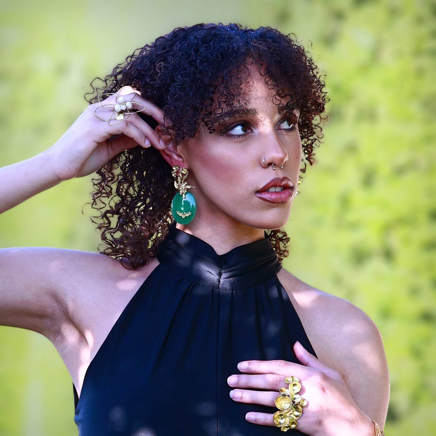 DREAMY GREEN, Elegant Gold-Plated Earrings with Floral Design & Green Stone