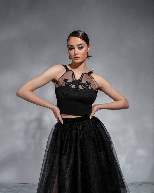 "Midnight Grace" Taffeta and Leather Top by Baharnaz