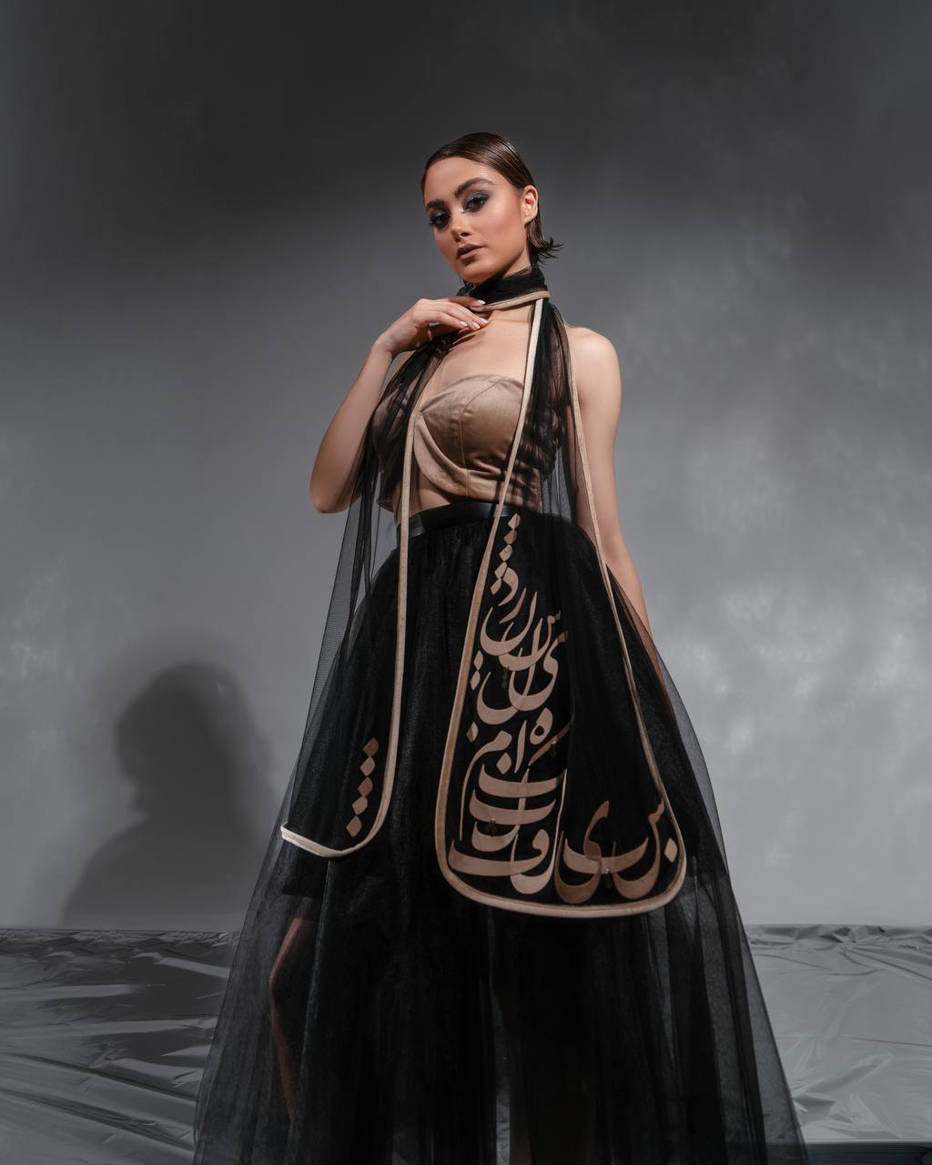 "Velvet Whisper" Sheer Calligraphy Shawl by Baharnaz