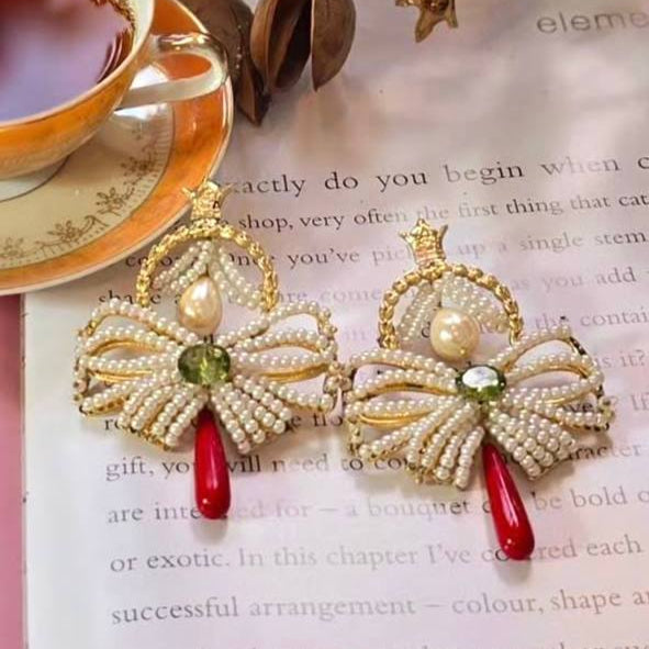 Crowned Bow Elegance Earrings – Coral & Pearl Edition