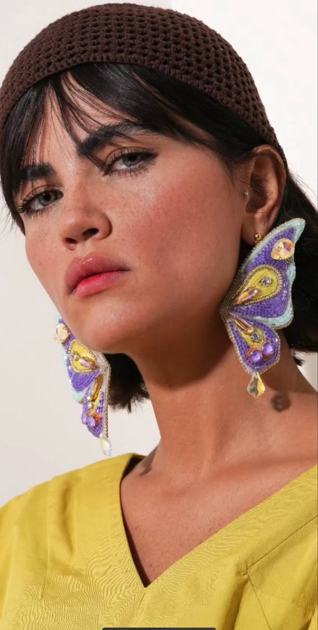 Handcrafted Butterfly Statement Earrings – Purple, Yellow & Beaded Shine