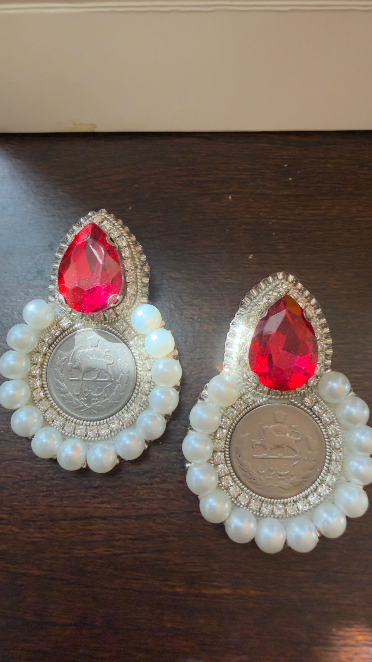 Pahlavi Coin Statement Earrings – Persian 1 Yek Rial Design with Pearls & Red Crystal