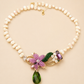 Handmade Floral Pearl Necklace with Green Crystal Drop | Statement Beaded Necklace | Elegant Artisan Jewelry Gift for Women