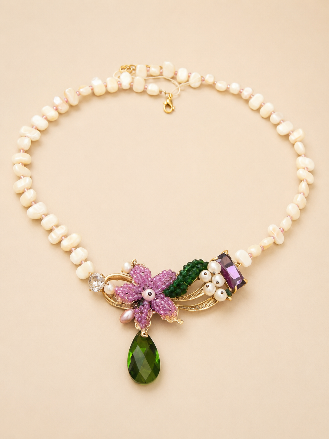 Handmade Floral Pearl Necklace with Green Crystal Drop | Statement Beaded Necklace | Elegant Artisan Jewelry Gift for Women